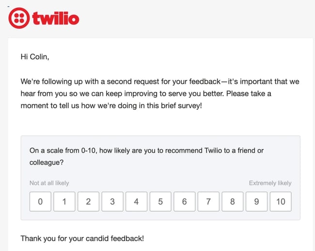 twilio implements a net promoter score feedback form in its emails